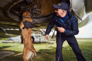 security,officer,and,police,dog,inspecting,aircraft,at,aerodrome