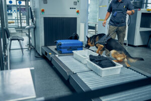 male,security,worker,and,german,shepherd,dog,checking,travel,suitcase