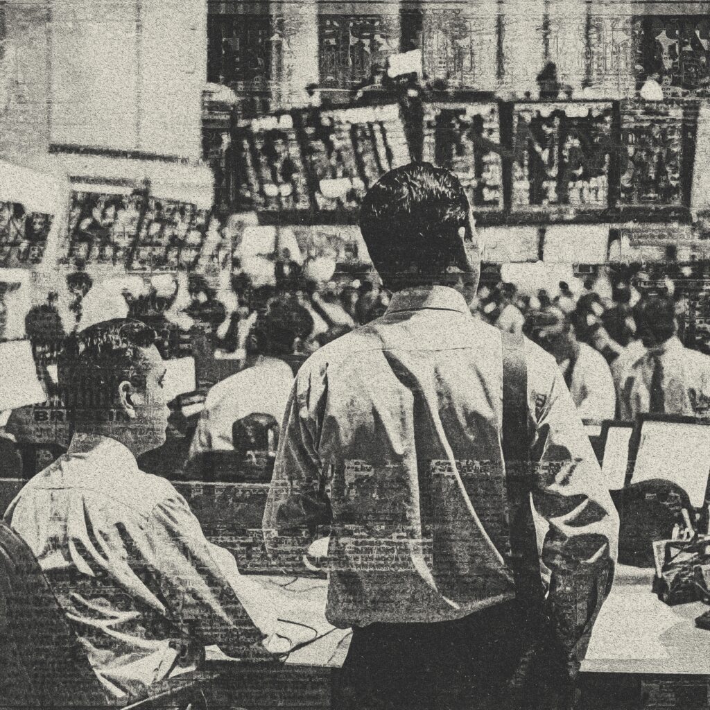 monochromatic,distressed,image,depicts,a,stock,market,trading,floor,with